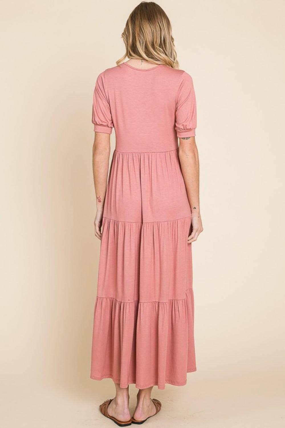 BOMBOM Short Sleeve Tiered Maxi Dress - StyleLure