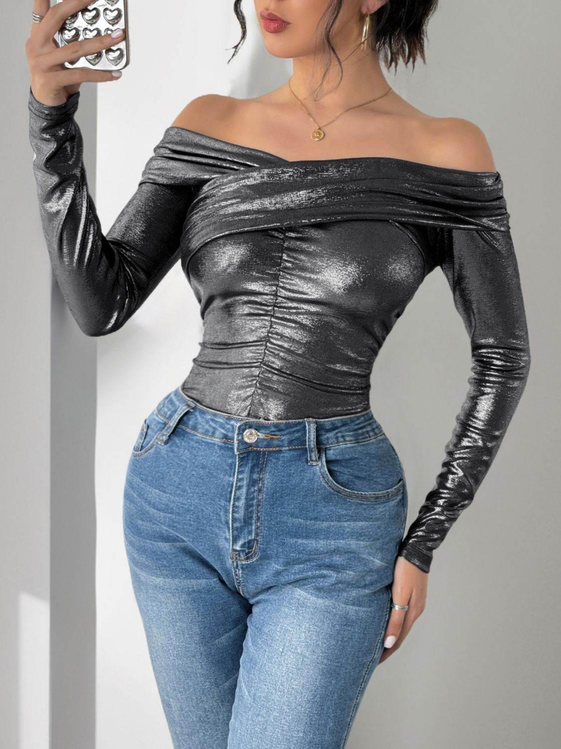 Perfee Ruched Off-Shoulder Long Sleeve Bodysuit - StyleLure