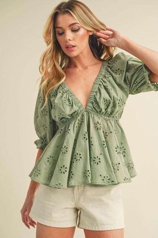 Aemi + Co Eyelet Embroidered V-Neck Half Sleeve Peplum Blouse - StyleLure