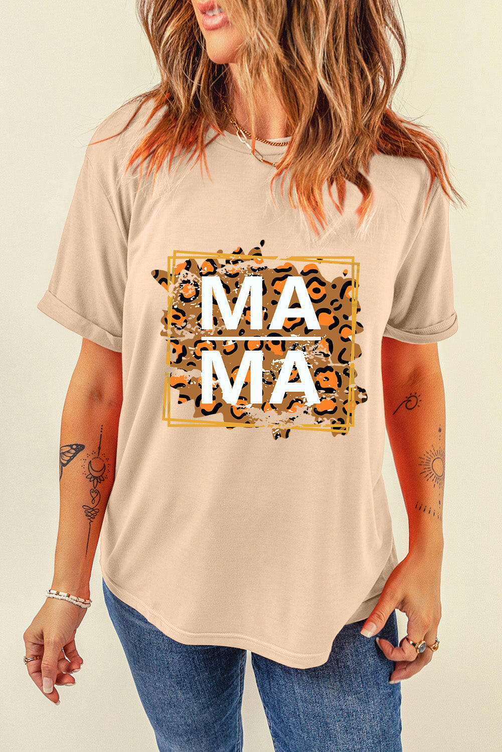 MAMA round neck short sleeve t-shirt with leopard print graphic and beige color, basic style, opaque fabric, no stretch.