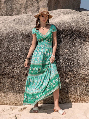 Smocked Printed V-Neck Dress - StyleLure