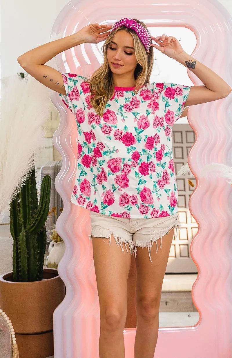 BiBi Rose Print Thermal Neck Binding Dolman Sleeves Top - StyleLure