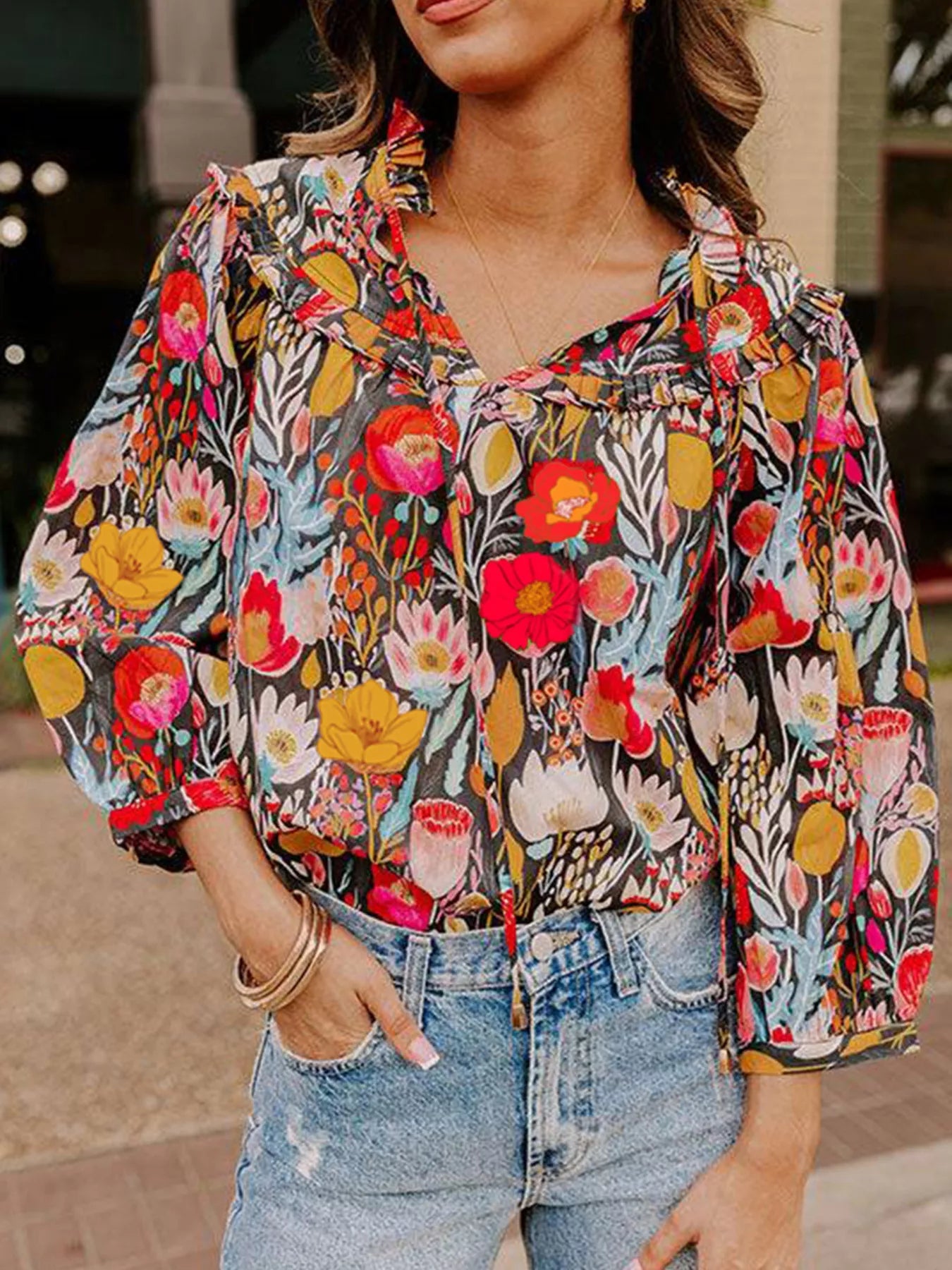 Floral 3/4 Puff Sleeve Tied Neck Blouse - StyleLure