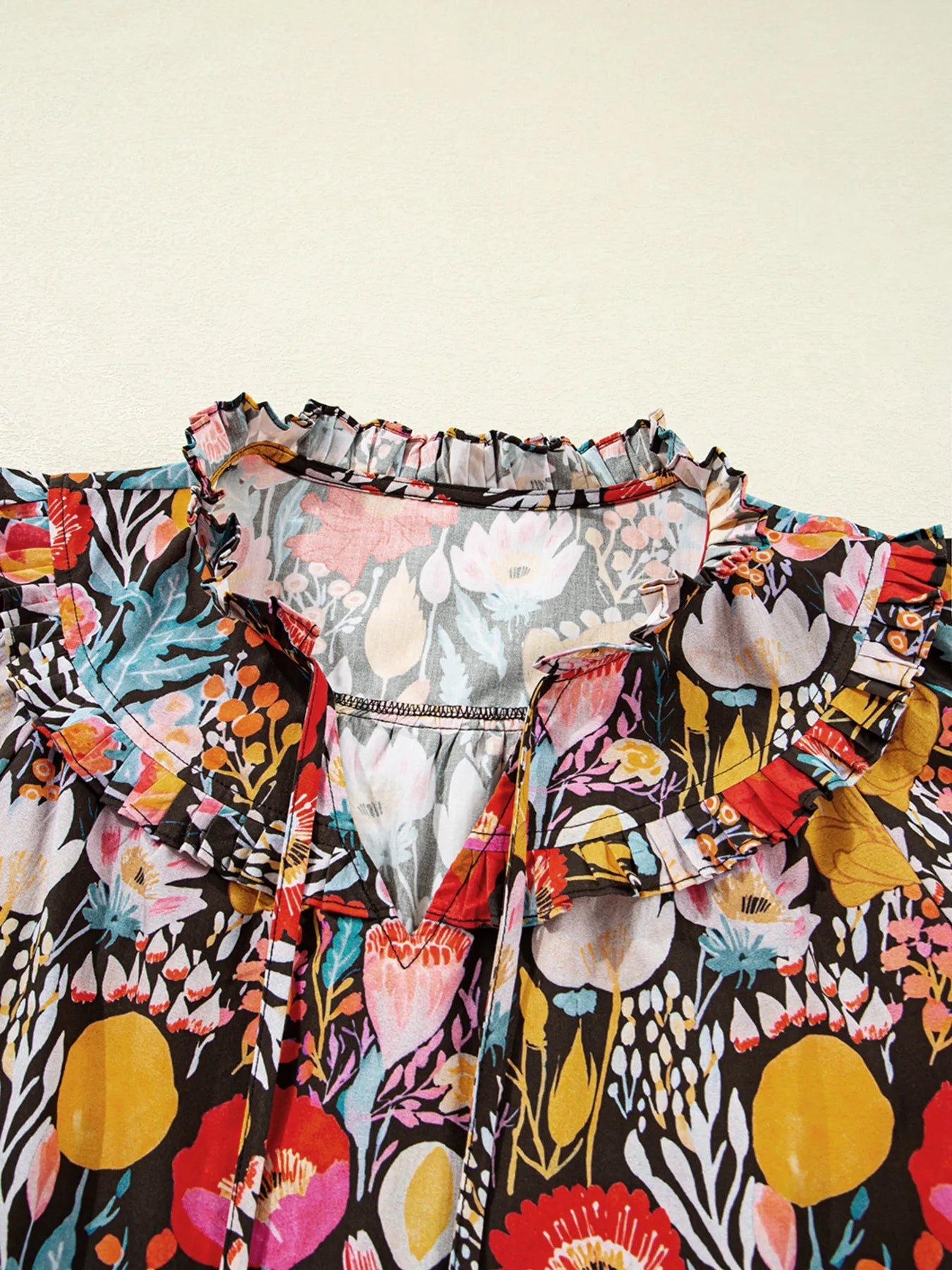 Floral 3/4 Puff Sleeve Tied Neck Blouse - StyleLure