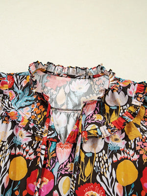 Floral 3/4 Puff Sleeve Tied Neck Blouse - StyleLure