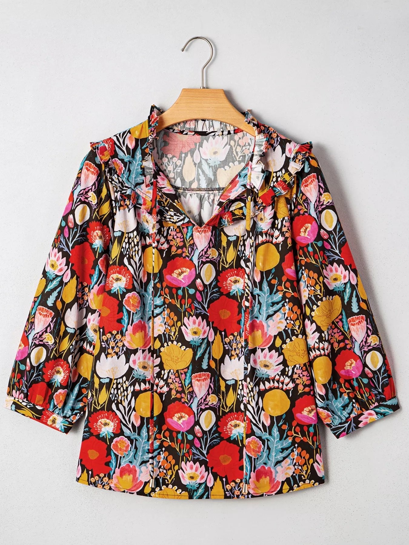 Floral 3/4 Puff Sleeve Tied Neck Blouse - StyleLure