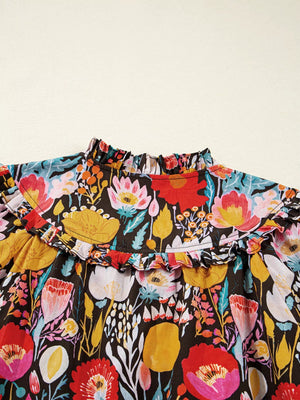 Floral 3/4 Puff Sleeve Tied Neck Blouse - StyleLure