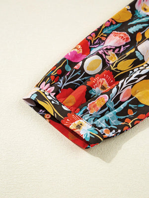 Floral 3/4 Puff Sleeve Tied Neck Blouse - StyleLure