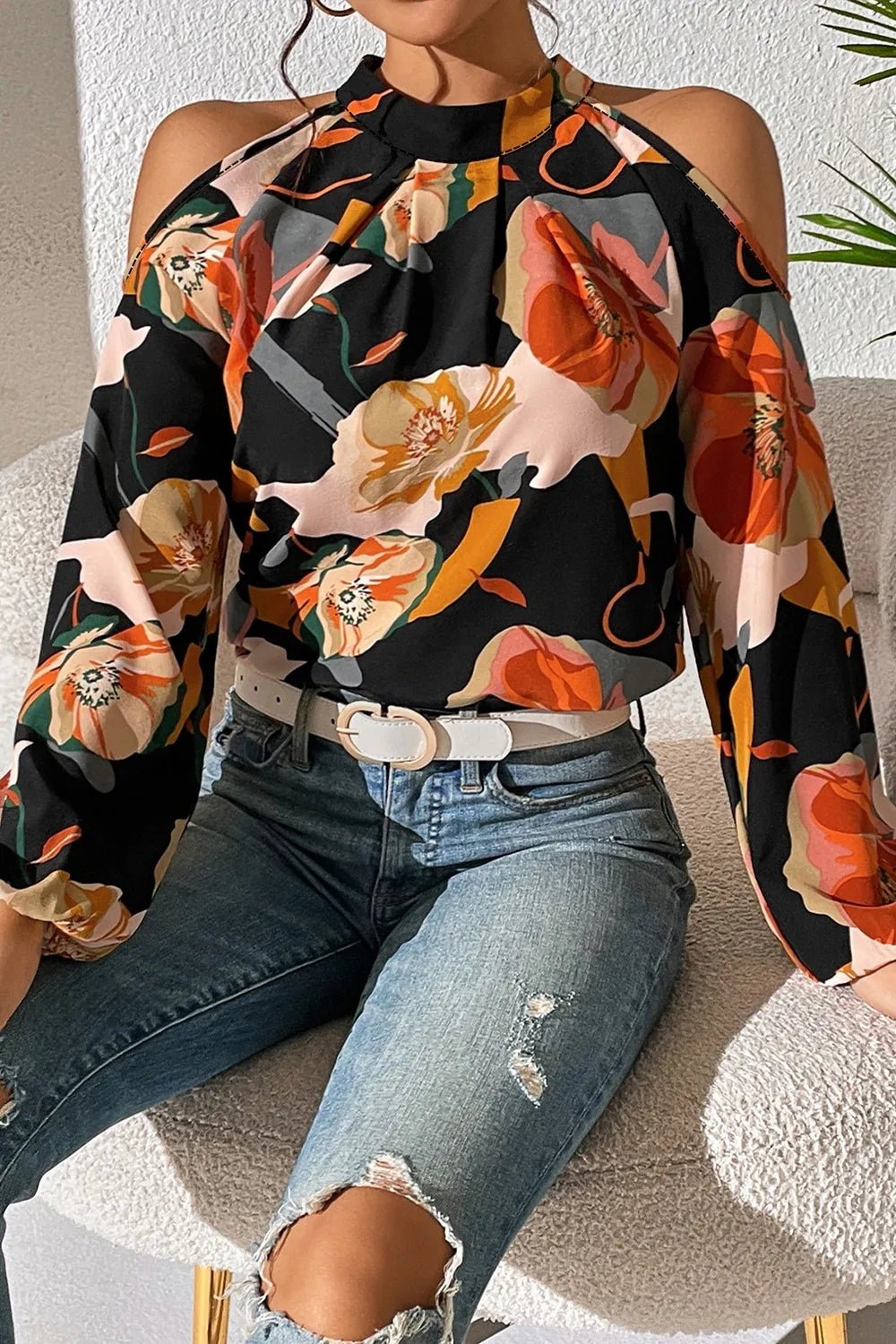 Floral Cold Shoulder Balloon Sleeve Blouse - StyleLure