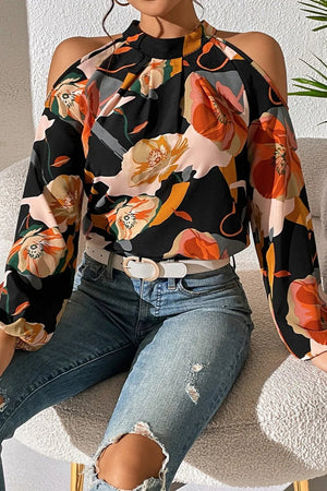 Floral Cold Shoulder Balloon Sleeve Blouse - StyleLure