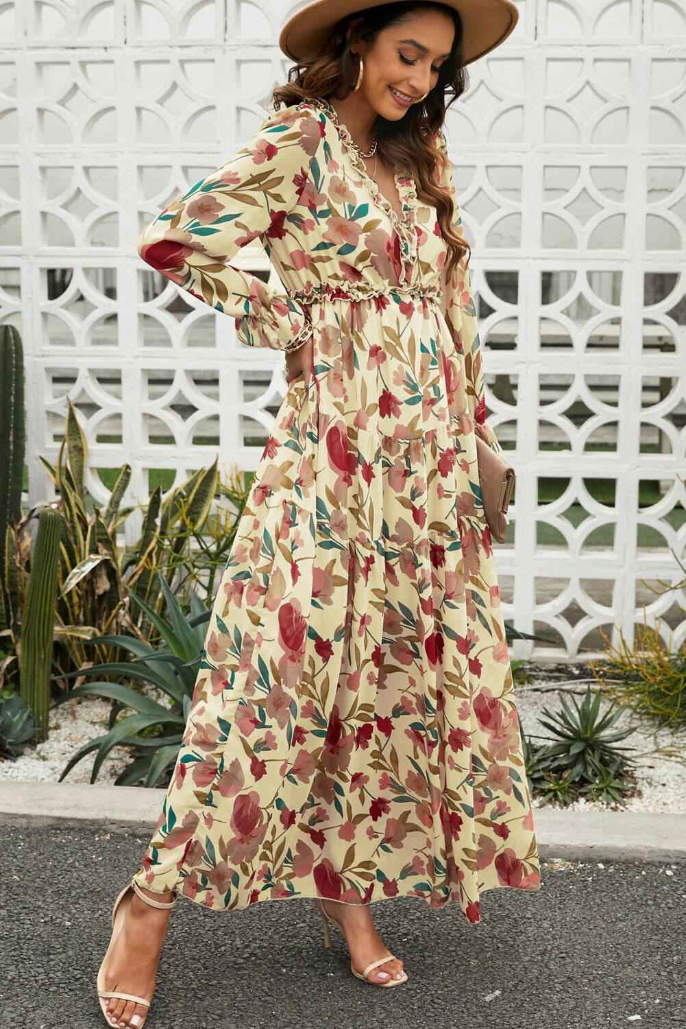 Floral Frill Trim Flounce Sleeve Plunge Maxi Dress - StyleLure