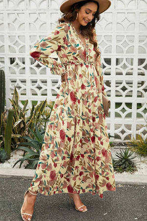 Floral Frill Trim Flounce Sleeve Plunge Maxi Dress - StyleLure