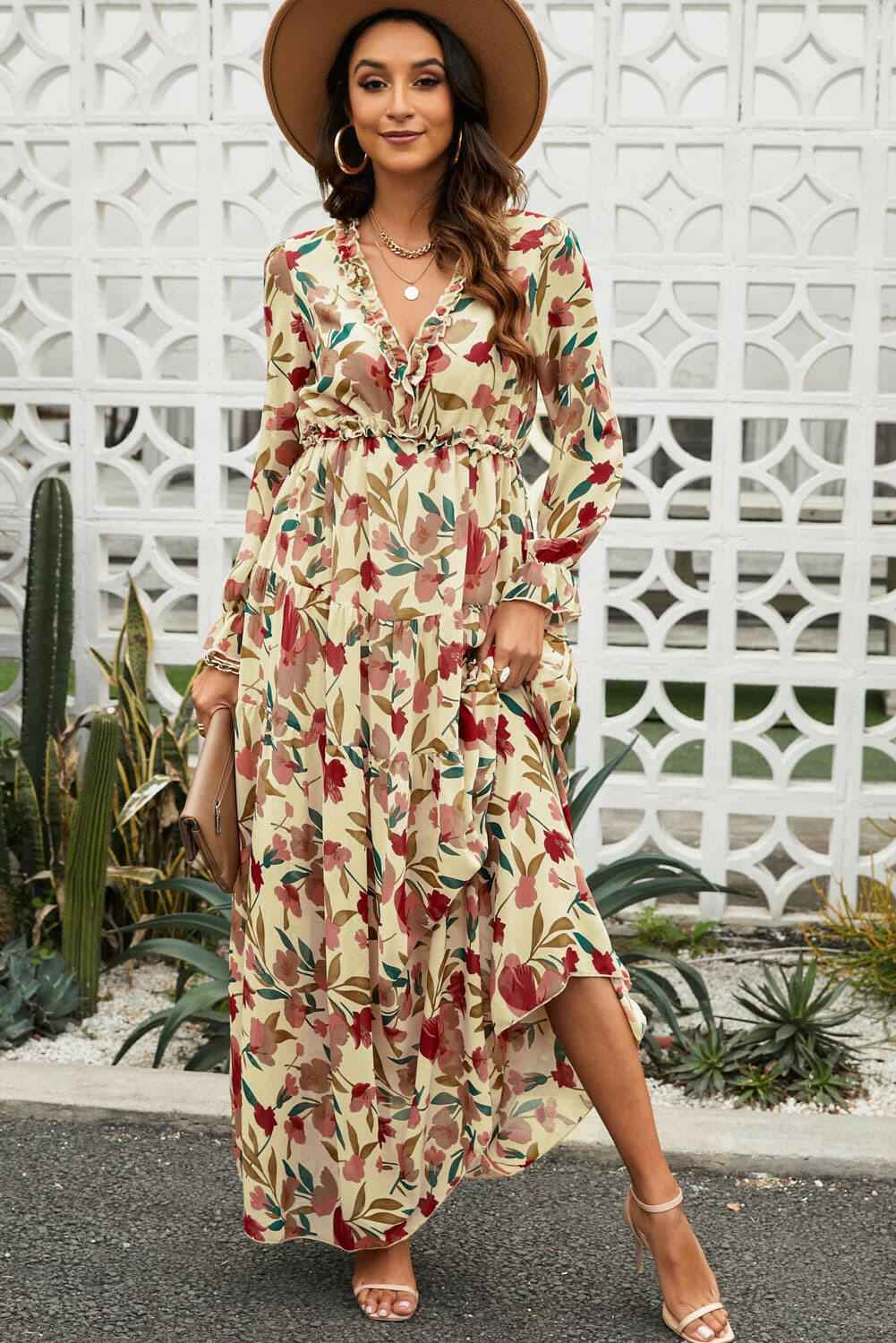 Floral Frill Trim Flounce Sleeve Plunge Maxi Dress - StyleLure
