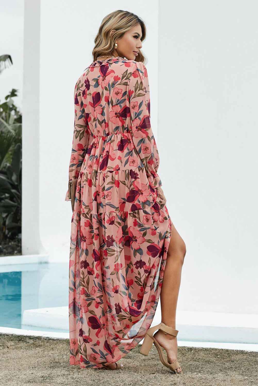 Floral Frill Trim Flounce Sleeve Plunge Maxi Dress - StyleLure
