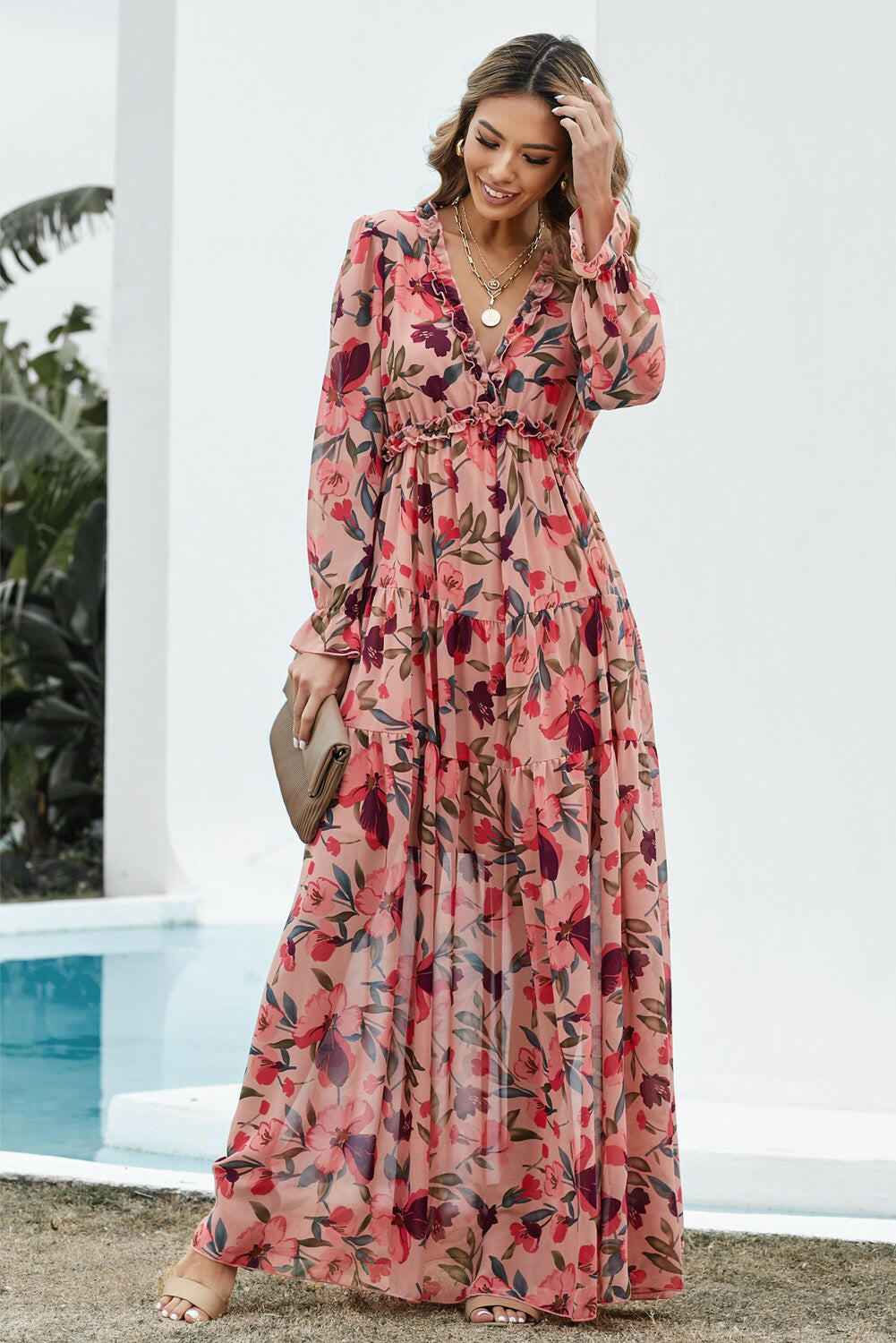Floral Frill Trim Flounce Sleeve Plunge Maxi Dress - StyleLure