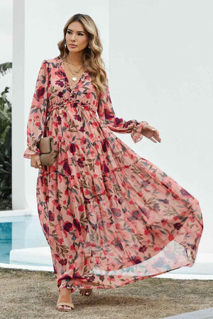 Floral Frill Trim Flounce Sleeve Plunge Maxi Dress - StyleLure