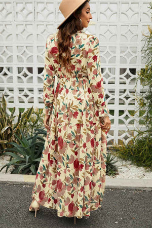 Floral Frill Trim Flounce Sleeve Plunge Maxi Dress - StyleLure