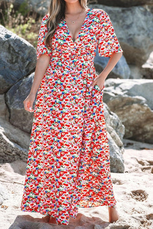 Floral Half Sleeve Deep V Neck Cutout Back Maxi Dress - StyleLure