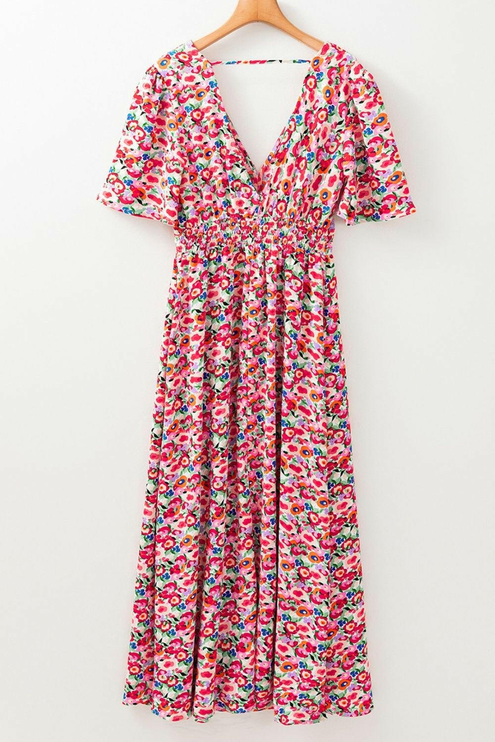 Floral Half Sleeve Deep V Neck Cutout Back Maxi Dress - StyleLure