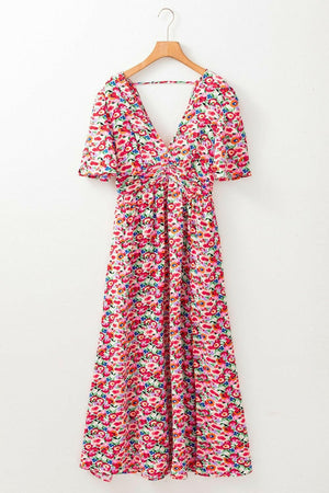 Floral Half Sleeve Deep V Neck Cutout Back Maxi Dress - StyleLure