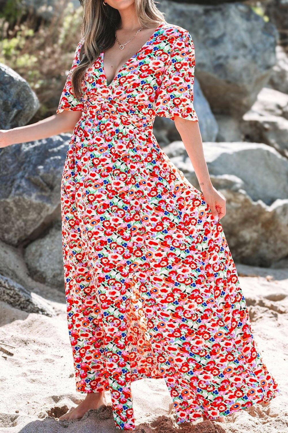 Floral Half Sleeve Deep V Neck Cutout Back Maxi Dress - StyleLure