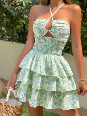 Floral Halter Cutout Ruffled Mini Dress - StyleLure