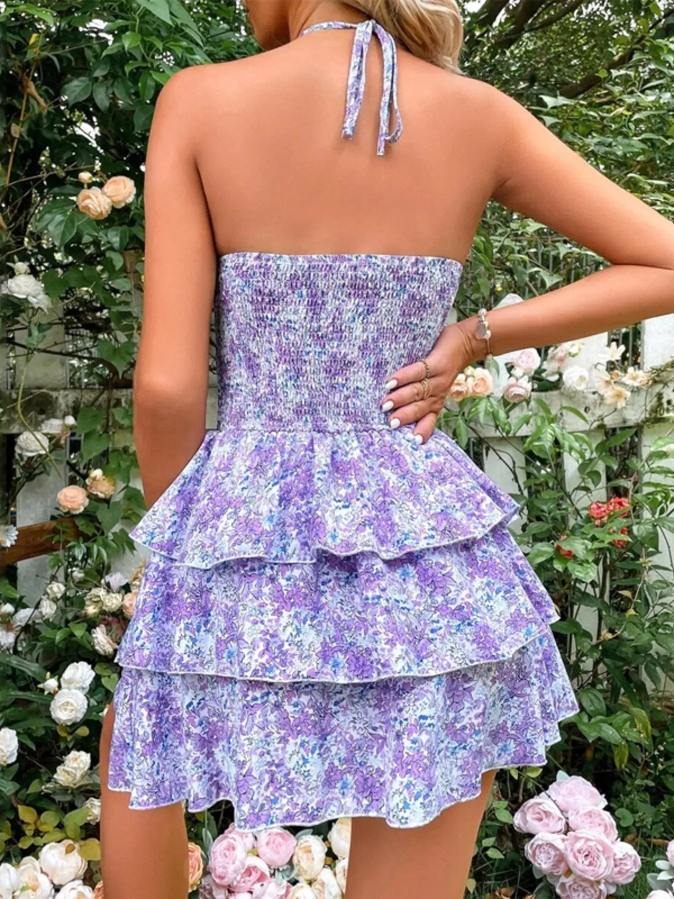 Floral Halter Cutout Ruffled Mini Dress - StyleLure