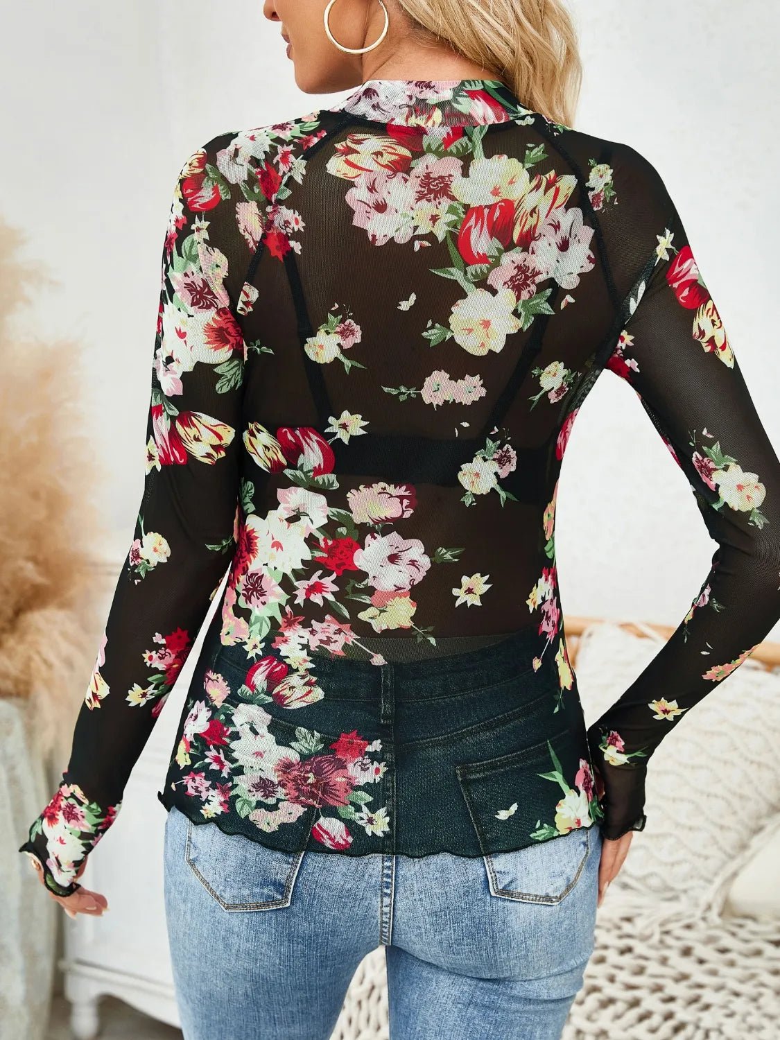 Floral Mock Neck Long Sleeve Top - StyleLure
