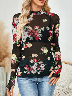 Floral Mock Neck Long Sleeve Top - StyleLure