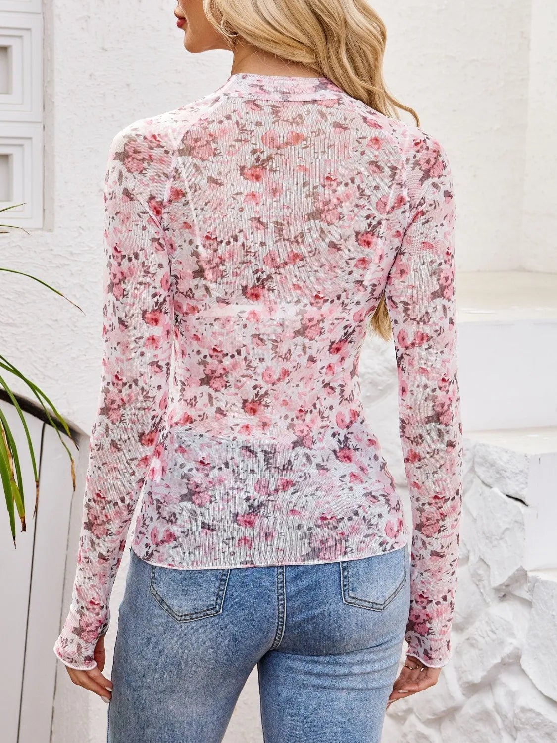 Floral Mock Neck Long Sleeve Top - StyleLure