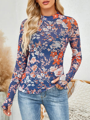 Floral Mock Neck Long Sleeve Top - StyleLure