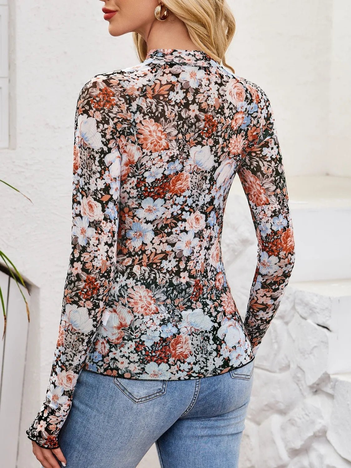 Floral Mock Neck Long Sleeve Top - StyleLure