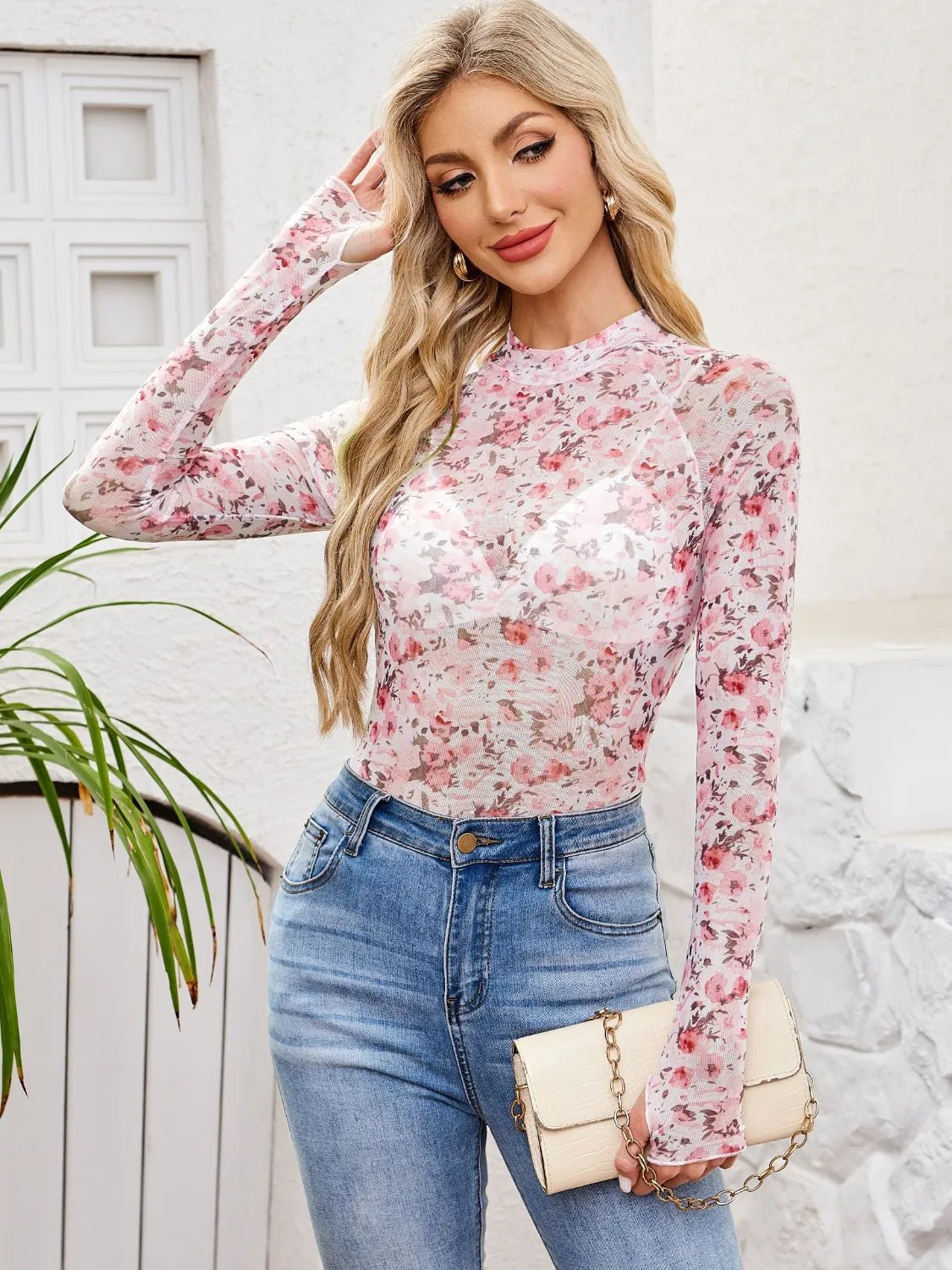Floral Mock Neck Long Sleeve Top - StyleLure