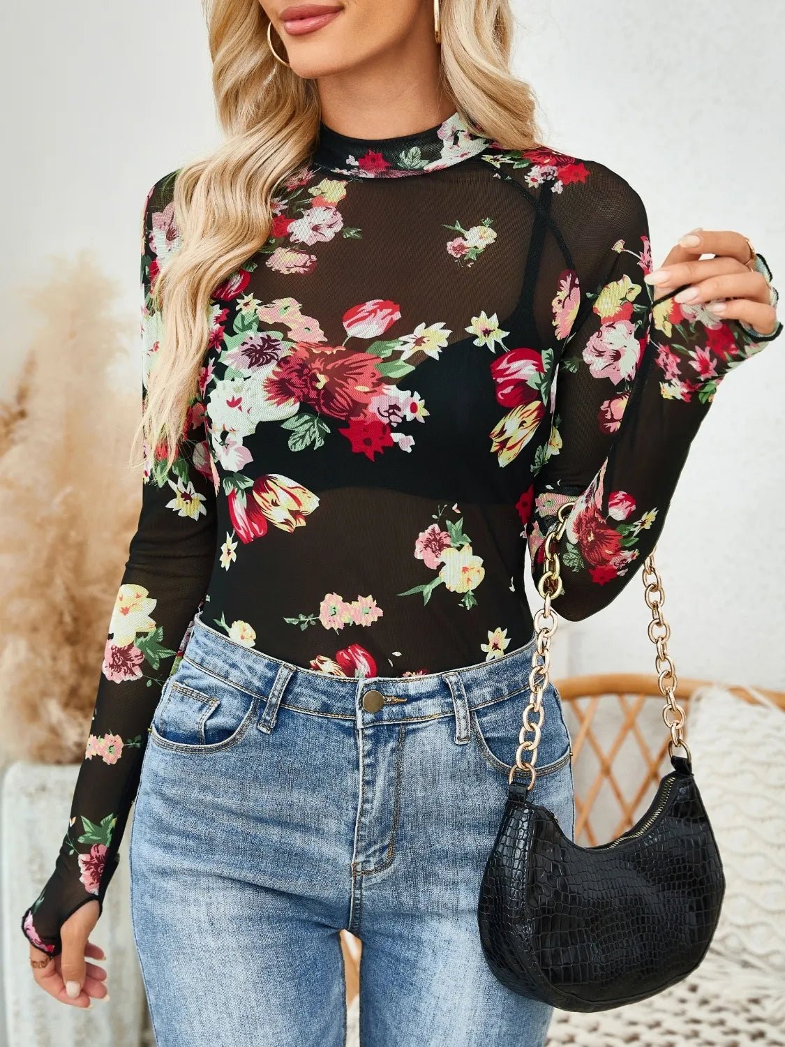 Floral Mock Neck Long Sleeve Top - StyleLure