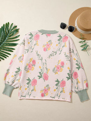 Floral Pattern Striped V Neck Loose Sweater - StyleLure