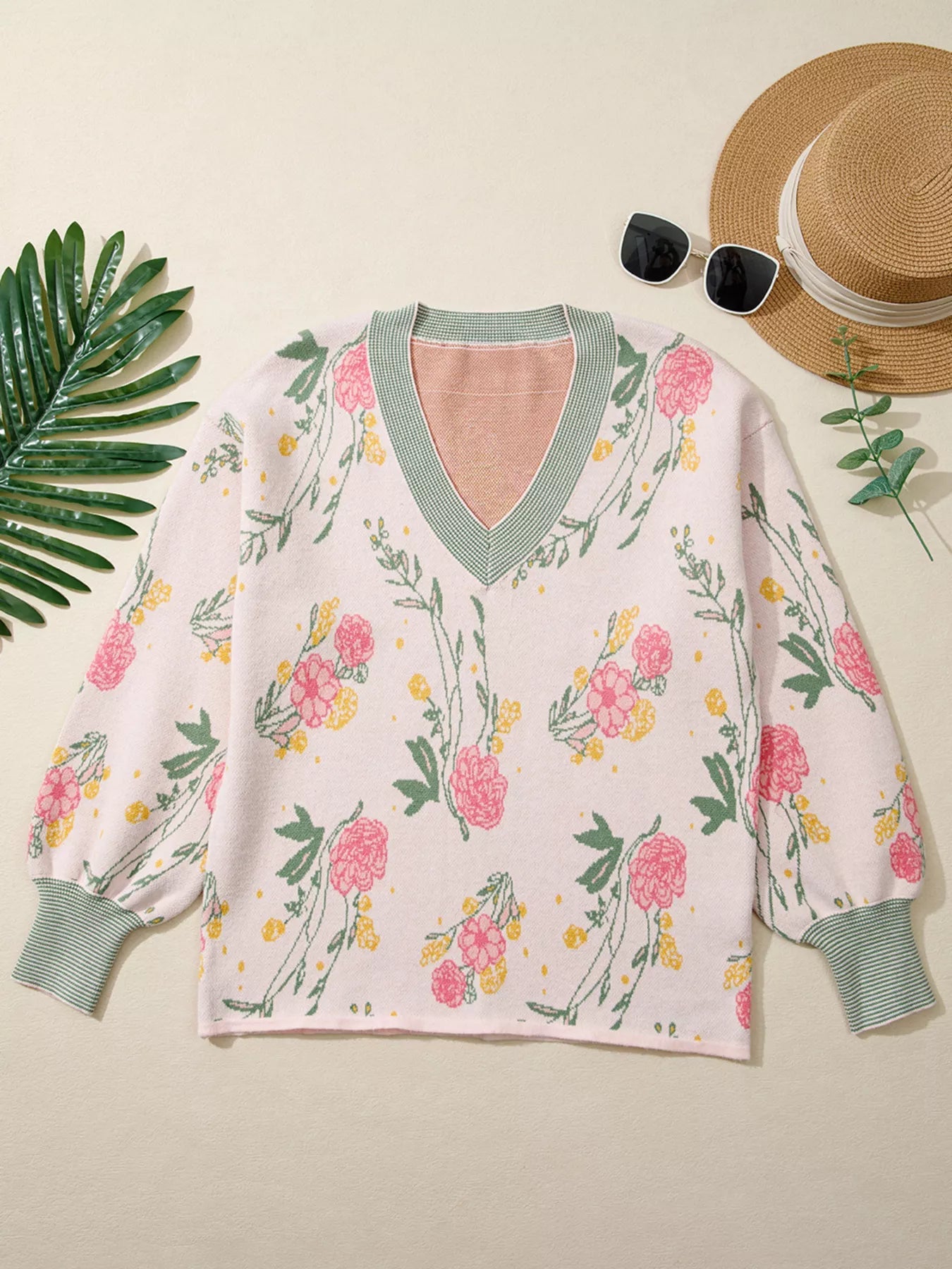 Floral Pattern Striped V Neck Loose Sweater - StyleLure