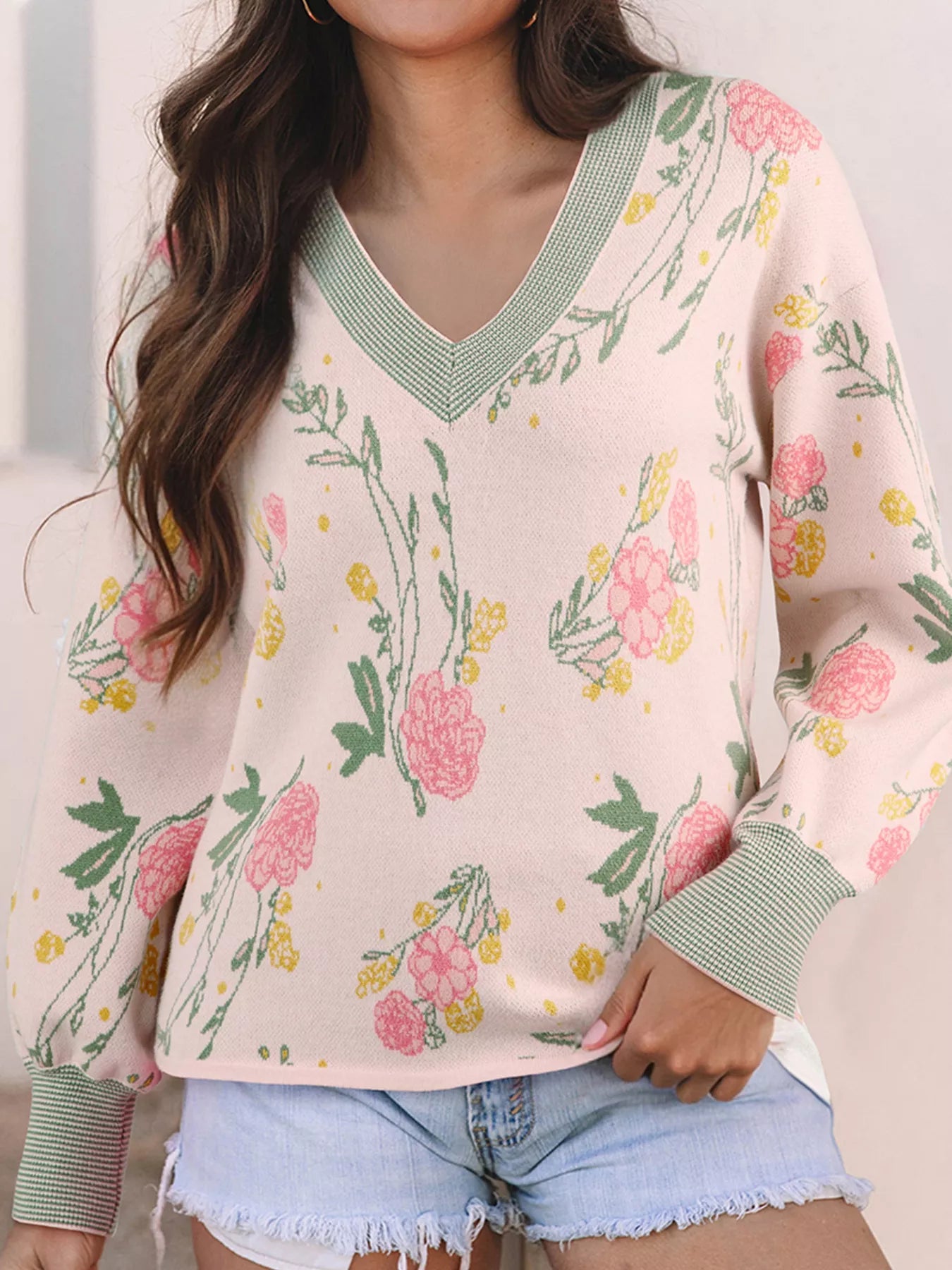 Floral Pattern Striped V Neck Loose Sweater - StyleLure