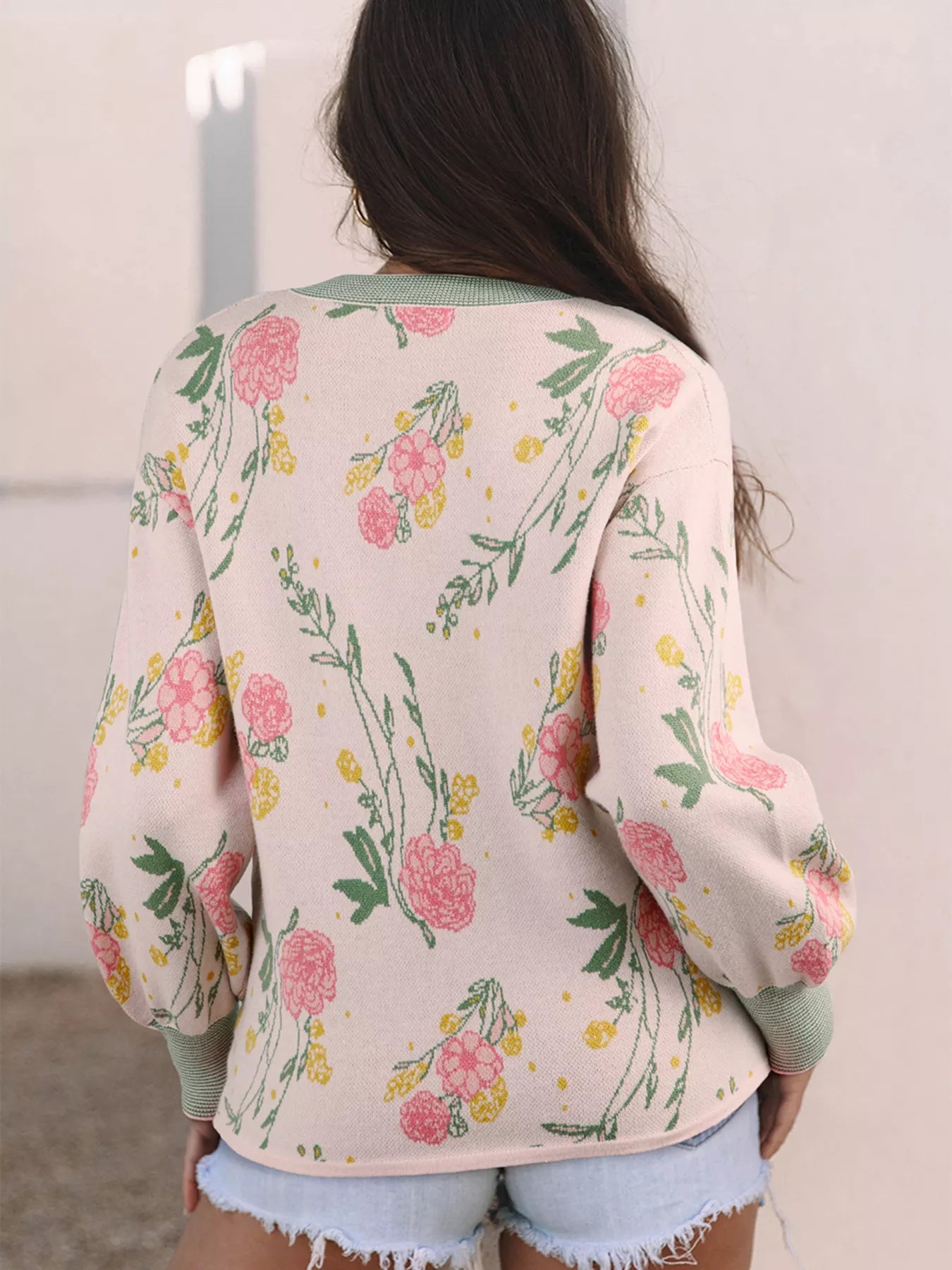 Floral Pattern Striped V Neck Loose Sweater - StyleLure