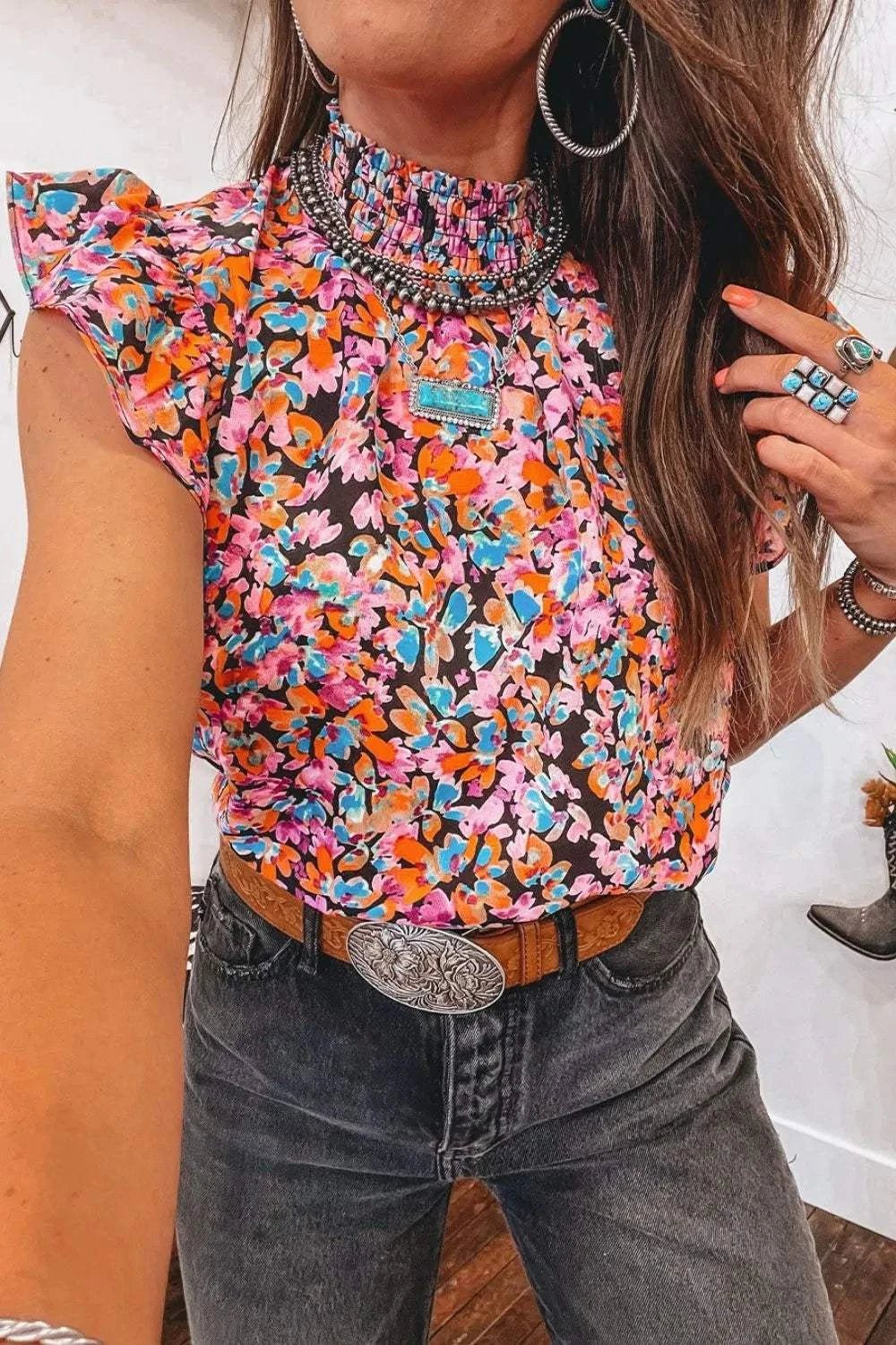 Floral Print Flutter Sleeve Blouse Top - StyleLure