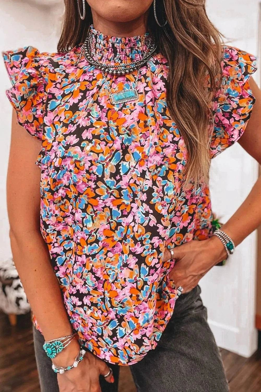 Floral Print Flutter Sleeve Blouse Top - StyleLure