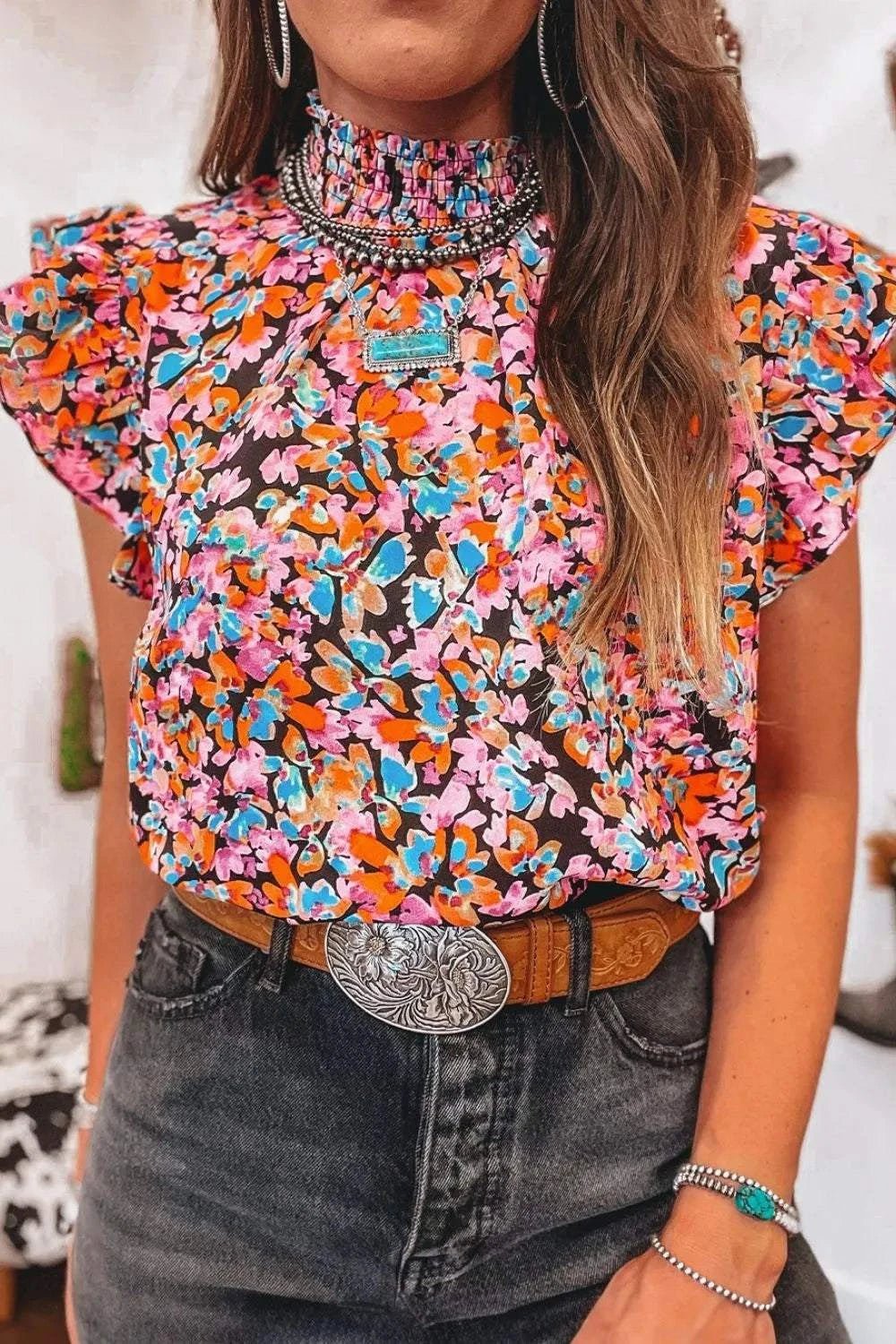 Floral Print Flutter Sleeve Blouse Top - StyleLure