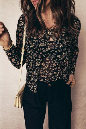 Floral Print Mesh Tank Button Front Slim Cardigan 2pcs Set - StyleLure