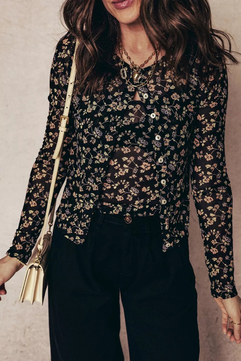 Floral Print Mesh Tank Button Front Slim Cardigan 2pcs Set - StyleLure