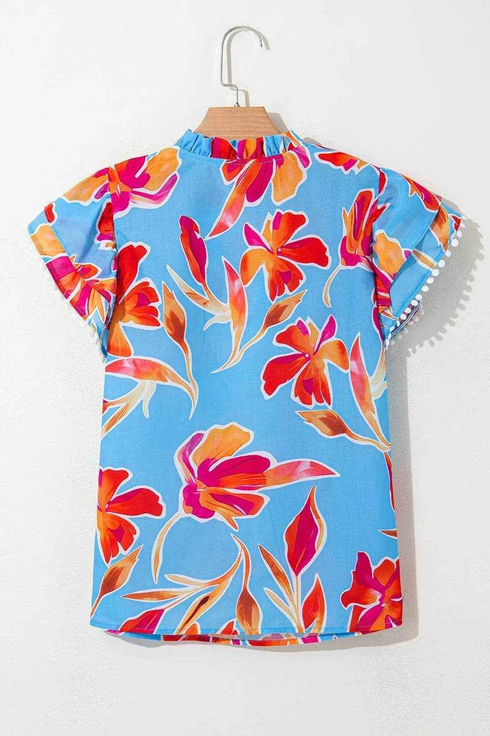 Floral Print Notched Pompom Trim Flutter Sleeve Blouse - StyleLure