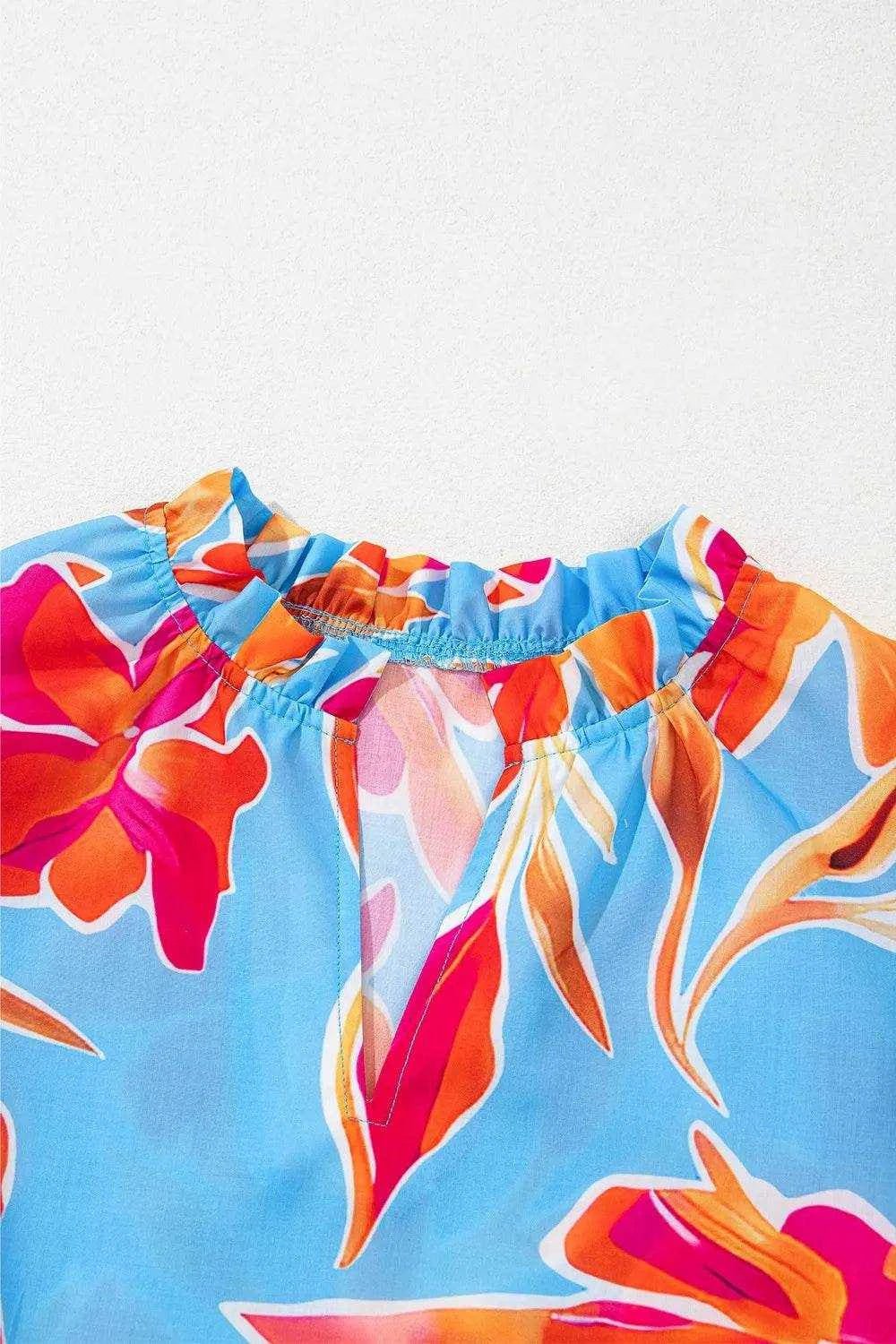 Floral Print Notched Pompom Trim Flutter Sleeve Blouse - StyleLure