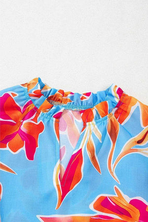 Floral Print Notched Pompom Trim Flutter Sleeve Blouse - StyleLure