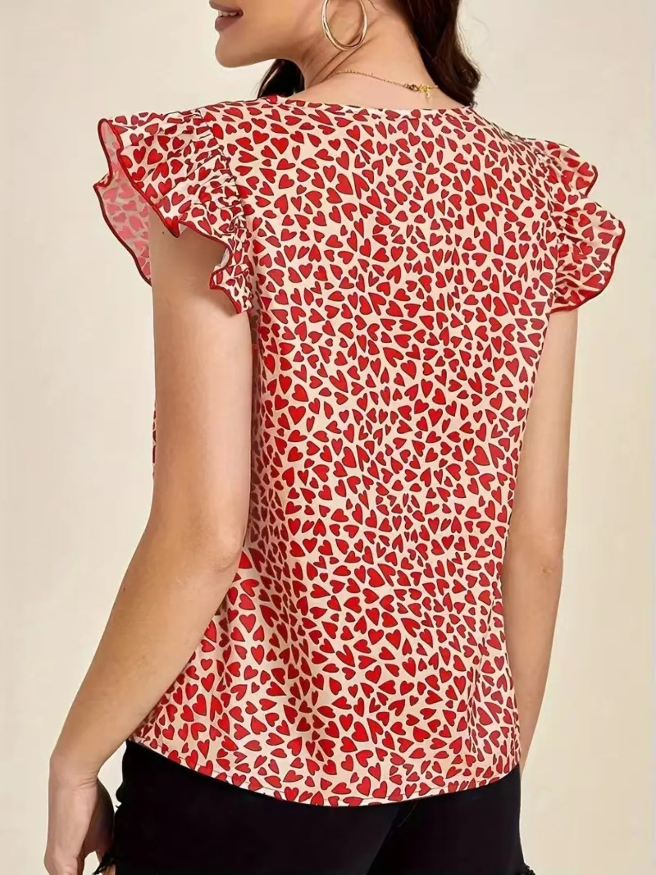 Floral Print Ruffle Sleeve V - Neck Blouse - StyleLure