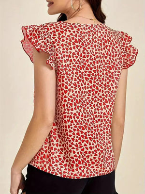Floral Print Ruffle Sleeve V - Neck Blouse - StyleLure