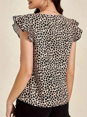 Floral Print Ruffle Sleeve V - Neck Blouse - StyleLure