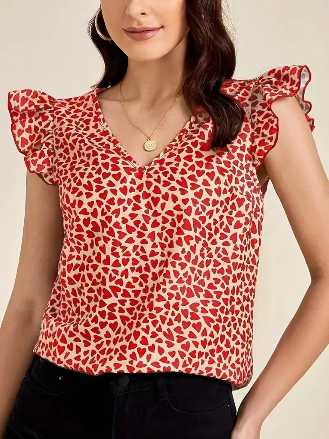 Floral Print Ruffle Sleeve V - Neck Blouse - StyleLure